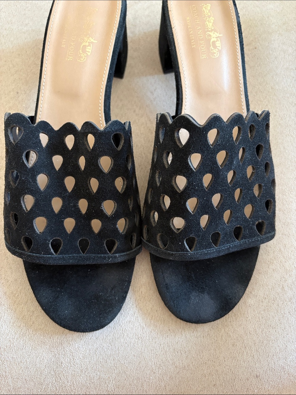 Coach and Four Black Suede Cutout Mule Sandals